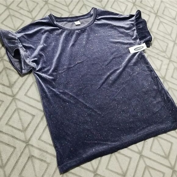 NWT Old Navy Blue Sparkle Velvet Chic Crew Neck Party Ruffle Short Sleeve Blouse - Picture 2 of 5